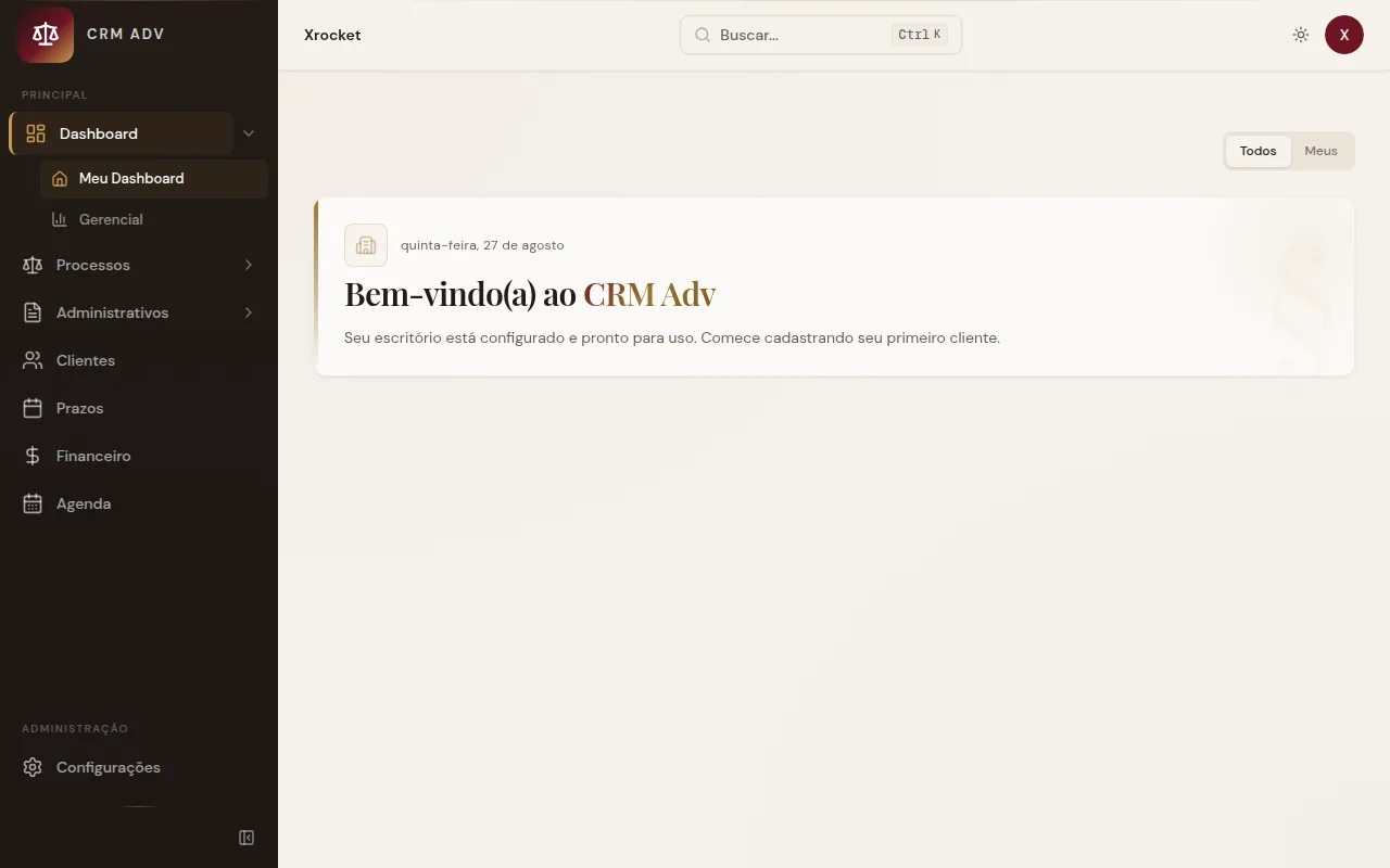 Dashboard do escritório com processos, prazos e honorários